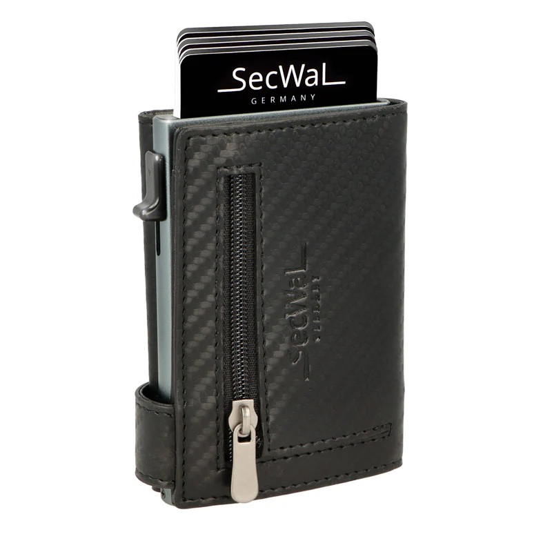 Secwal1 Kartenetui Geldbeutel Münzfach RV mit RFID-Schutz echt Leder Carbon Schwarz