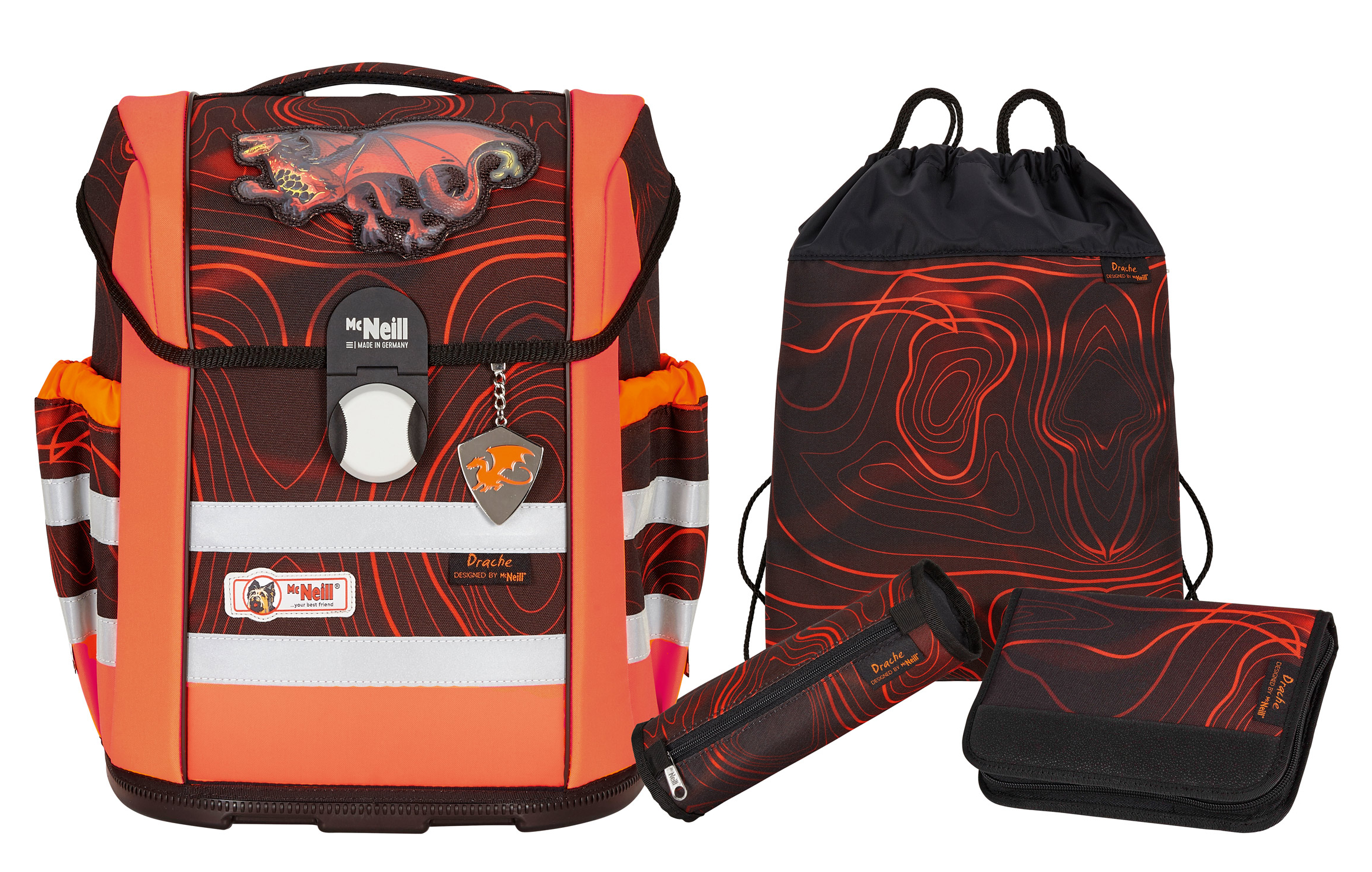 McNeill 'Drache' Schulrucksackset 4tlg. Ergo Mac 980g 18l schwarz/orange