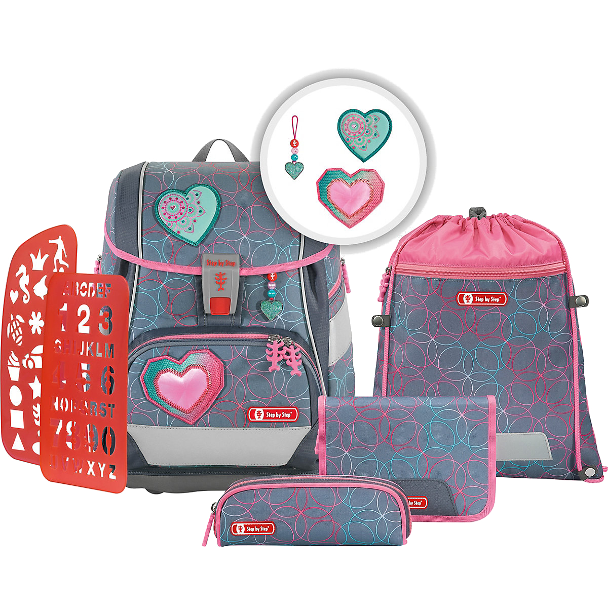 Step by Step 'Glitter Heart' 2in1 Plus Schulrucksackset 6tlg. 19l 1200g grau/rosa