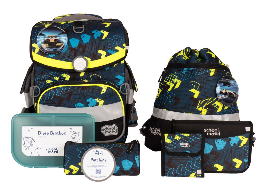 schoolmood 'Elias'Rennwagen Timeless Air+ Schulrucksack-Set 7tlg. 980g 23l blau/gelb