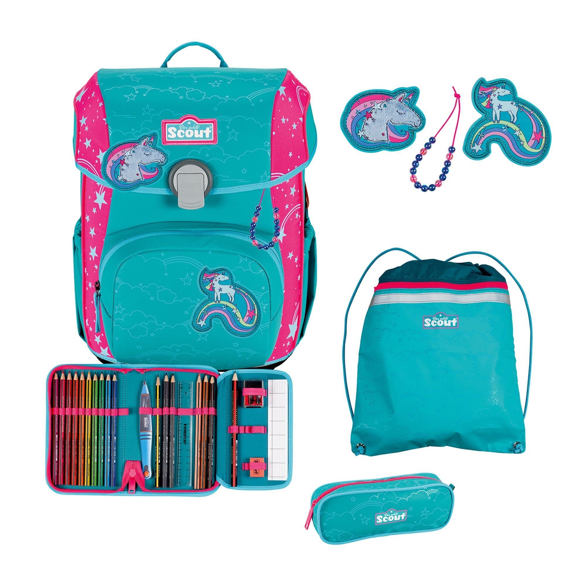 Scout 'Neo Set ' Exklusiv Schulranzenset 4tlg. superflash unicorn, 21,5 l, 1250 g  türkis/pink