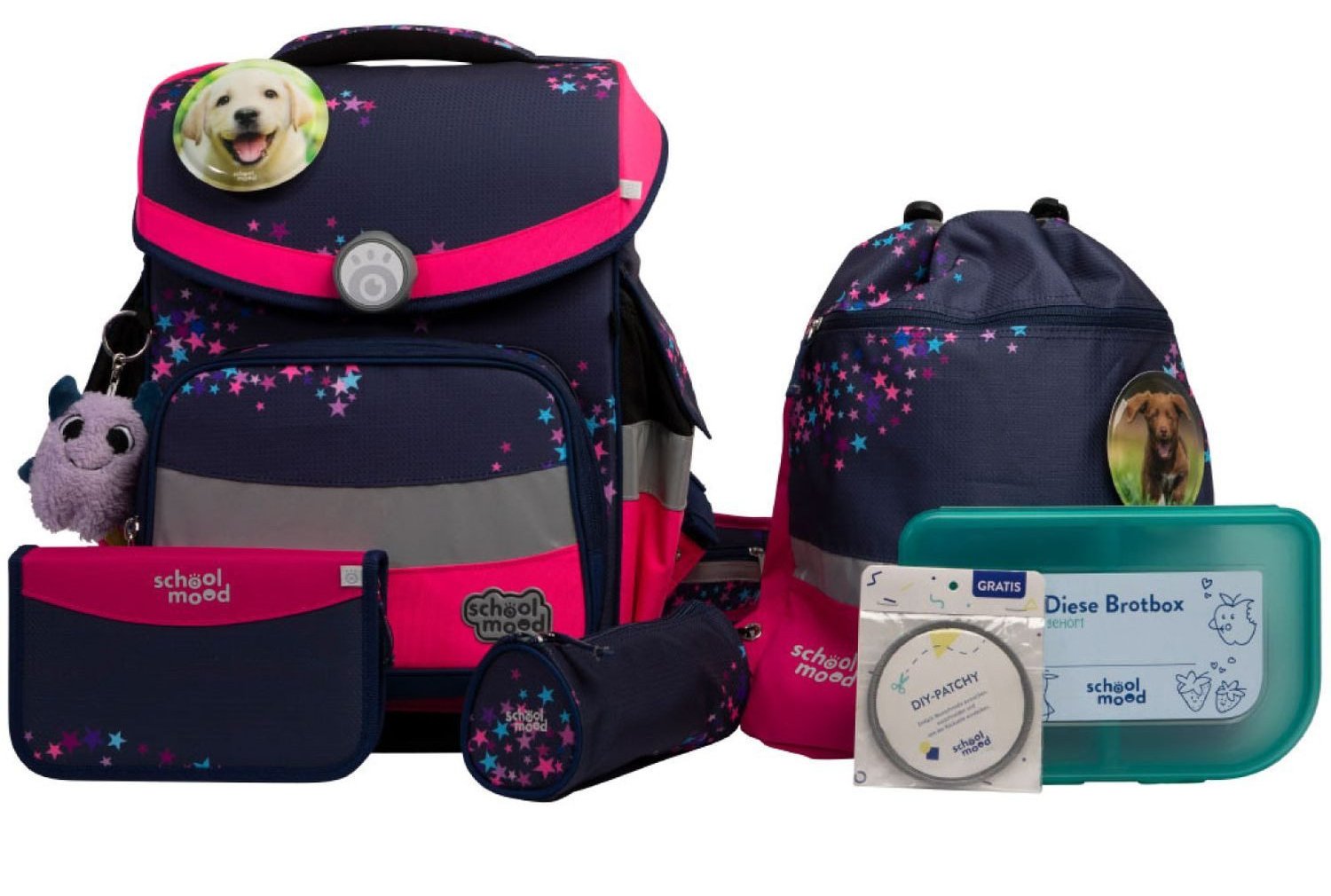 schoolmood 'Leni' - Hund - Timeless Pro Schulranzen-Set 7-tlg. 995g 23,5l blau/pink