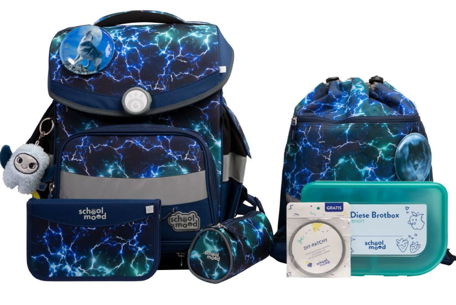 schoolmood 'Felix' - Wolf - Timeless Pro Schulranzen-Set 7-tlg. 995g 23,5l blau/grün