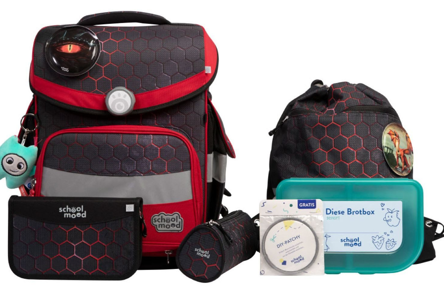 schoolmood 'Mika' - Drache - Timeless Pro Schulranzen-Set 7-tlg. 995g 23,5l anthrazit/rot