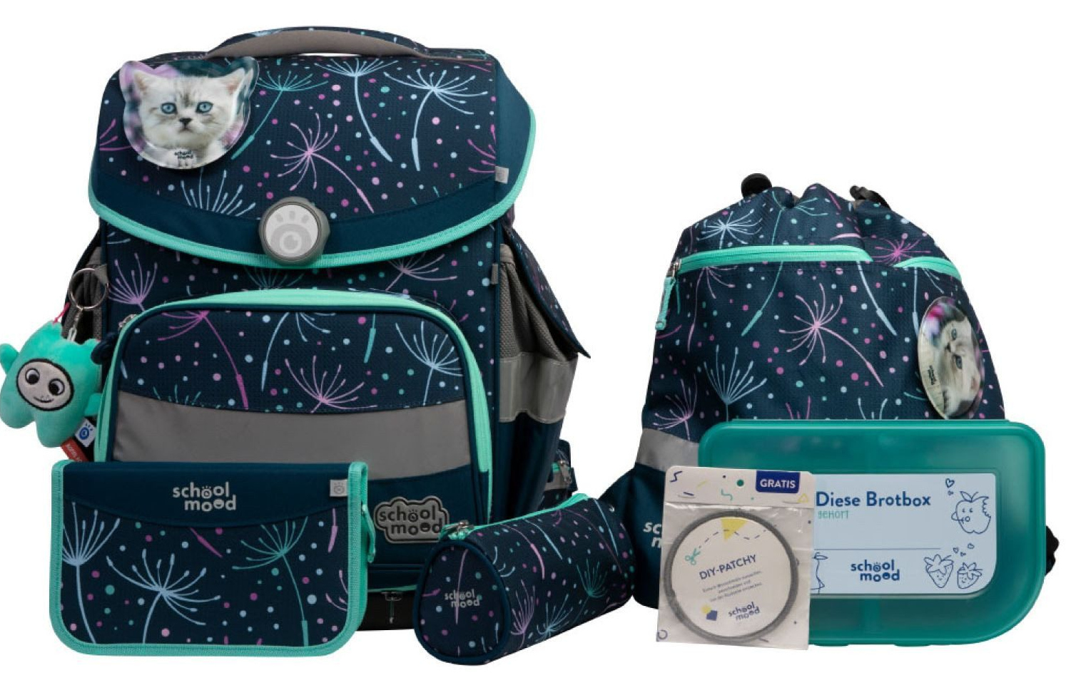 schoolmood 'Lina' - Kätzchen - Timeless Pro Schulranzen-Set 7-tlg. 995g 23,5l blau-türkis