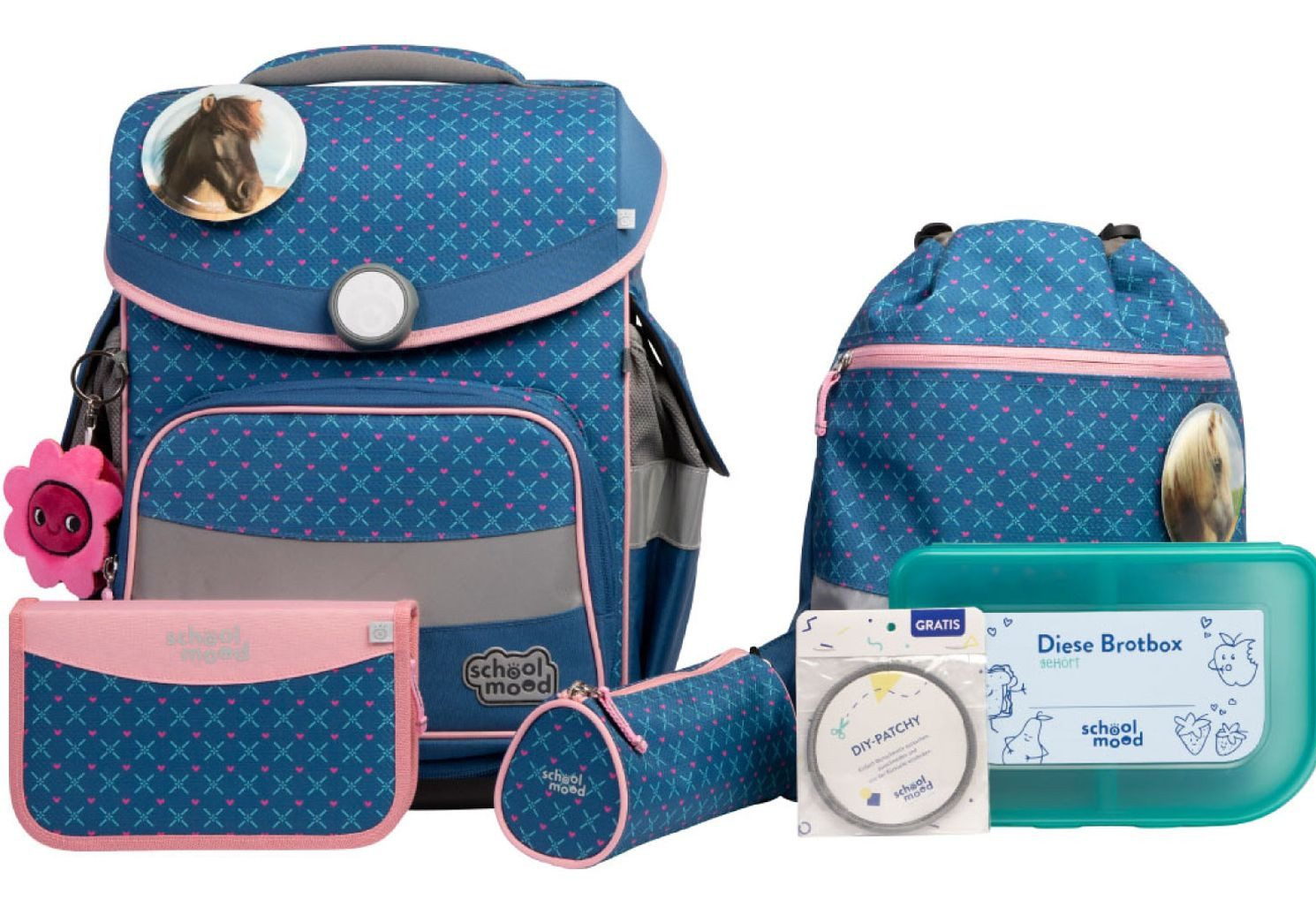 schoolmood 'Mila' - Pferd - Timeless Pro Schulranzen-Set 7-tlg. 995g 23,5l blau/rosa