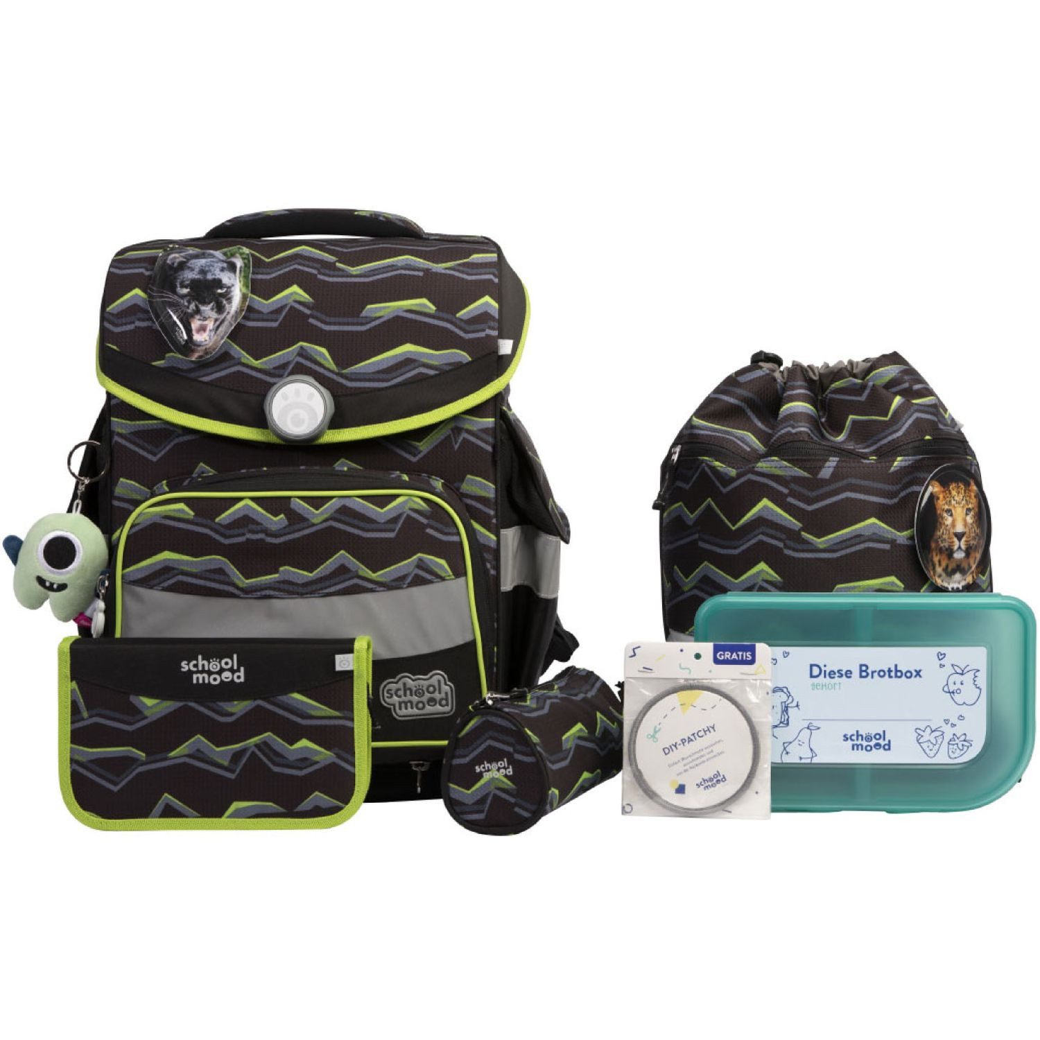 schoolmood 'Finn' - Raubkatze - Timeless Pro Schulranzen-Set 7-tlg. 995g 23,5l schwarz/neongrün