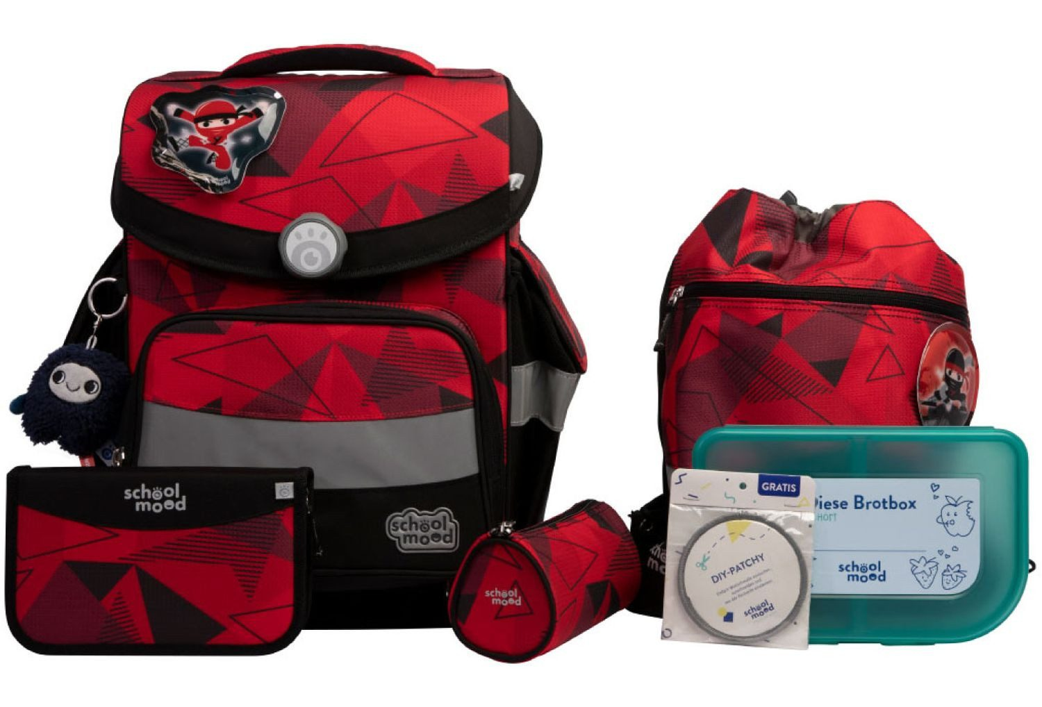 schoolmood 'Kai' - Ninja - Timeless Pro Schulranzen-Set 7-tlg. 995g 23,5l rot-schwarz