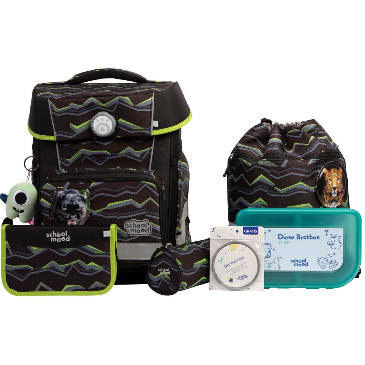 schoolmood 'Finn' - Raubkatze - Champion Maxx Pro Schulranzen-Set 7-tlg. 1.165g 22l schwarz/neongrün