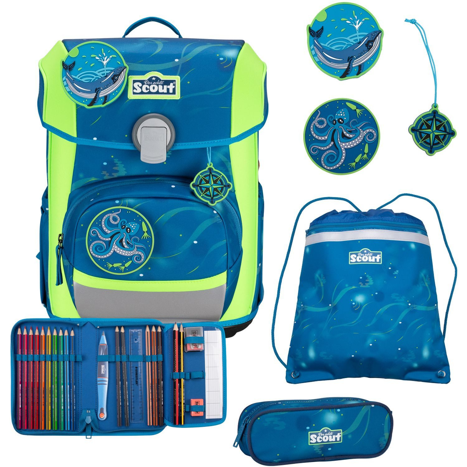 Scout 'Neo Set' Schulranzenset 4tlg. superflash Deep Sea 21,5l 1,2kg grün