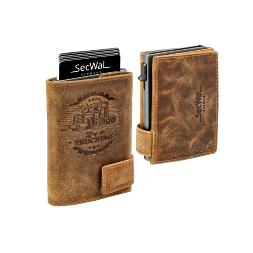 Secwal3P8 Kartenetui Geldbeutel Wiener Schachtel mit RFID-Schutz echt Leder Trucking Hunter Braun