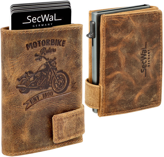Secwal3P9 Kartenetui Geldbeutel Wiener Schachtel RFID Motorbike Leder braun