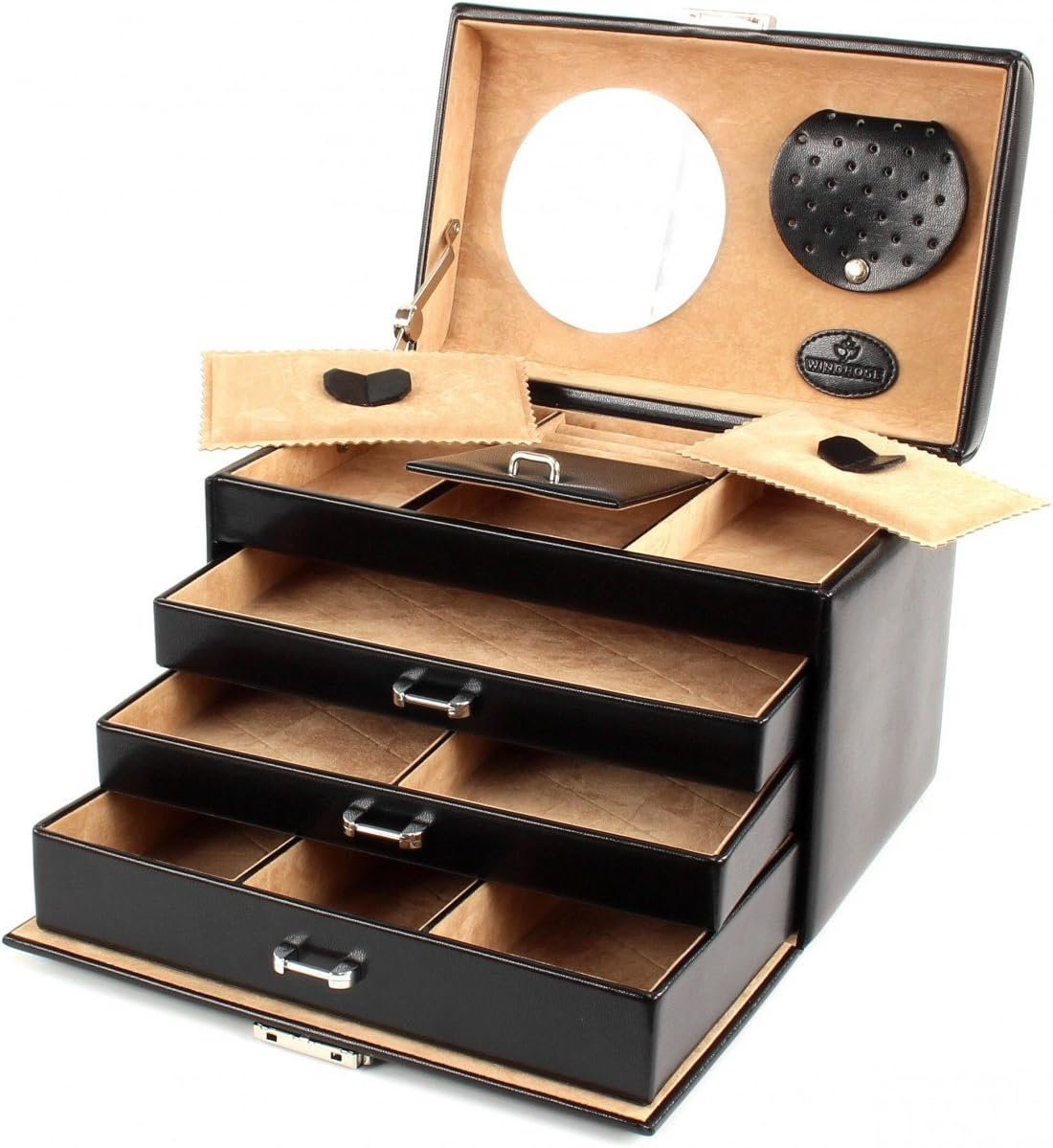 Windrose 'Merino Moda' Schmuckkoffer  4 Etagen Feinsynthetik schwarz